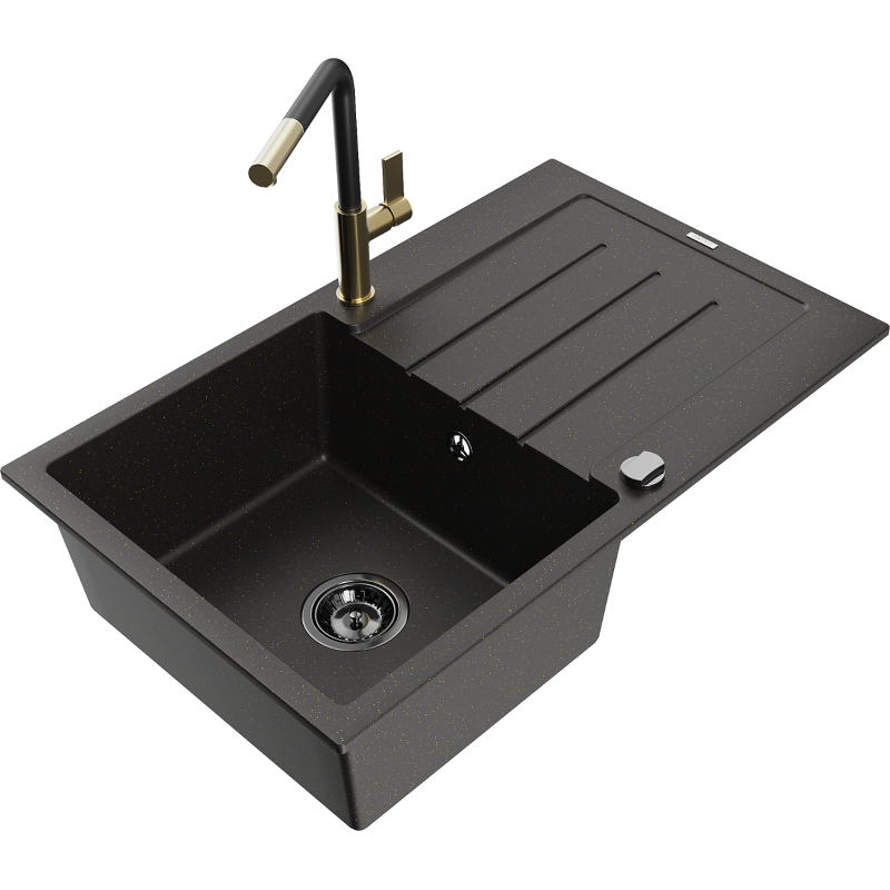 Mexen Bruno granitinė vienos kameros plautuvė su nutekamąja lentele ir Flora virtuvės maišytuvu, juoda/auksinė metalika