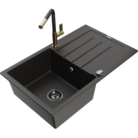 Mexen Bruno granitinė vienos kameros plautuvė su nutekamąja lentele ir Flora virtuvės maišytuvu, juoda/auksinė metalika