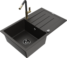 Mexen Bruno granitinė vienos kameros plautuvė su nutekamąja lentele ir Flora virtuvės maišytuvu, juoda/auksinė metalika