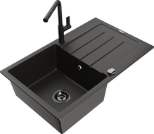 Mexen Bruno granitinė vienos kameros kriauklė su nuvarvėjančiu ir Flora virtuvės maišytuvu, juoda/auksinė metallic