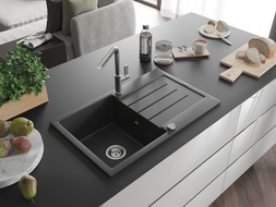 Mexen Bruno grindinis granito plautuvas su viena kamera, lašėjimas ir Flora virtuvės maišytuvas, juodas su taškeliais