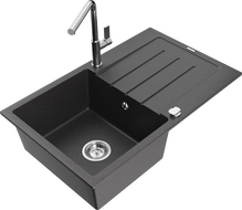 Mexen Bruno grindinis granito plautuvas su viena kamera, lašėjimas ir Flora virtuvės maišytuvas, juodas su taškeliais