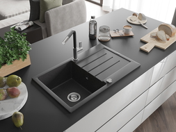 Mexen Bruno vienos dubens granitinė plautuvė su lašeline ir Flora virtuviniu maišytuvu, juodas dėmėtas - 6513-76-670401-07