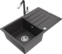 Mexen Bruno vienos dubens granitinė plautuvė su lašeline ir Flora virtuviniu maišytuvu, juodas dėmėtas - 6513-76-670401-07