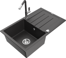 Mexen Bruno vienos komoros granito plautuvė su nutekėjimo plokšte ir Flora maišytuvu, juoda dėmėta - 6513-76-670401-08