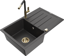 Mexen Bruno vienos kameros granito plautuvė su nusausintuvu ir virtuviniu maišytuvu Flora, juodas dėmėtas