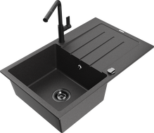 Mexen Bruno granitinė vienos sekcijos plautuvė su nusausinimo lentyna ir „Flora“ virtuviniu maišytuvu, juodos dėmės