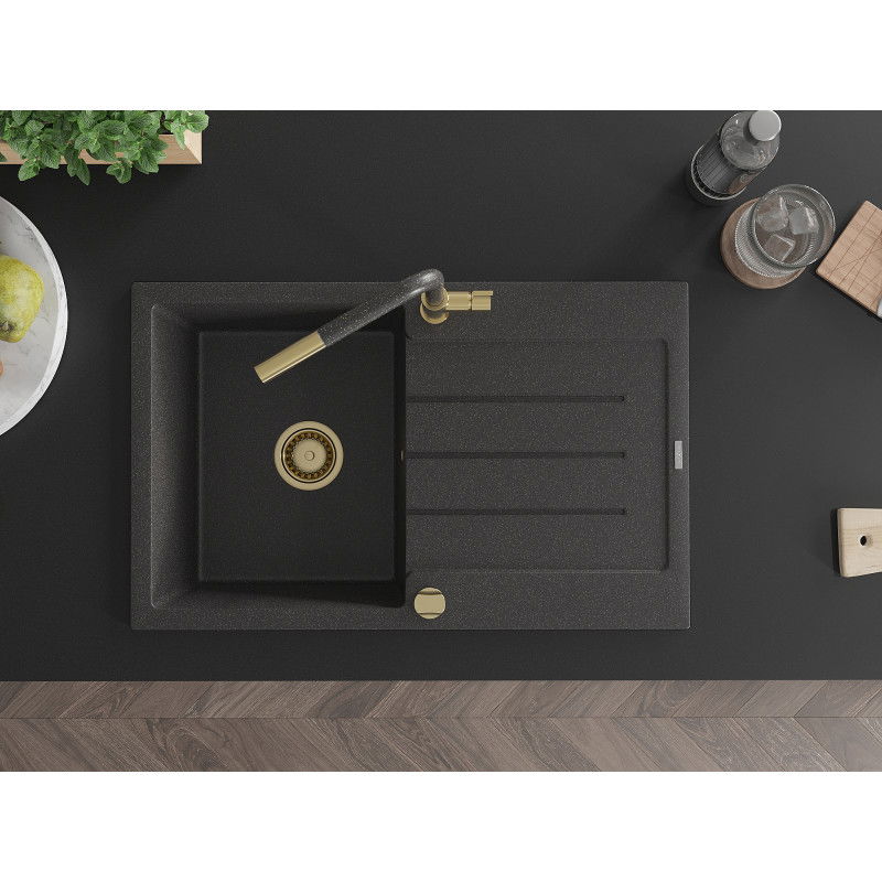 Mexen Bruno vienos kameros granito kriauklė su lašintuvu ir virtuviniu maišytuvu Flora, juoda marginta - 6513-76-670401-75-G