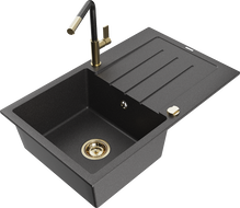 Mexen Bruno vienos kameros granito kriauklė su lašintuvu ir virtuviniu maišytuvu Flora, juoda marginta - 6513-76-670401-75-G