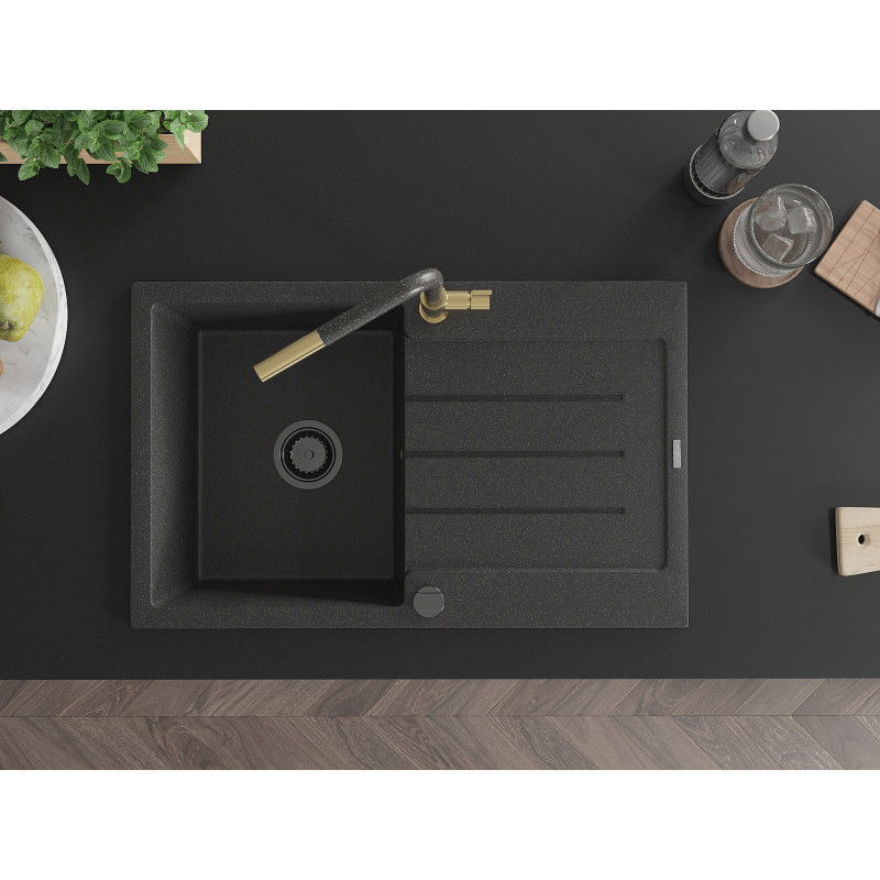 Mexen Bruno granitinė vienaaukštė plautuvė su nusausintoju ir virtuviniu Flora maišytuvu, juodas su taškeliais