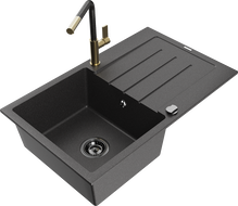 Mexen Bruno granitinė vienaaukštė plautuvė su nusausintoju ir virtuviniu Flora maišytuvu, juodas su taškeliais