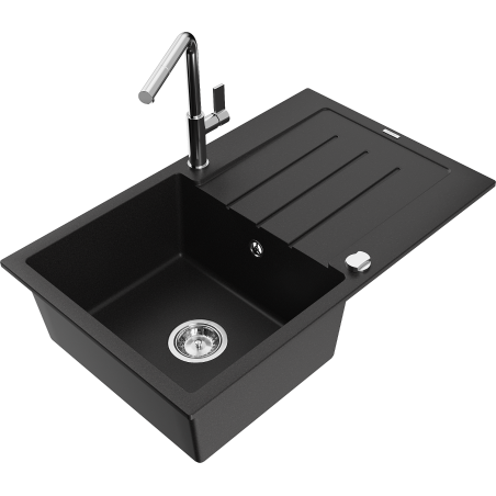 Mexen Bruno vienos plautuvės granitinė kriauklė su nutekamuoju paviršiumi ir Flora virtuviniu maišytuvu, juoda