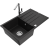 Mexen Bruno vienos plautuvės granitinė kriauklė su nutekamuoju paviršiumi ir Flora virtuviniu maišytuvu, juoda