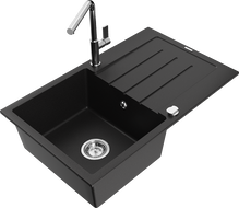 Mexen Bruno vienos plautuvės granitinė kriauklė su nutekamuoju paviršiumi ir Flora virtuviniu maišytuvu, juoda