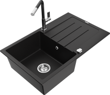 Mexen Bruno granito plautuvė su viena kamera su nutekėjimu ir virtuviniu maišytuvu Flora, juodas - 6513-77-670401-07