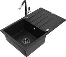 Mexen Bruno akmens masės plautuvė 1-kamerinė su nusausintuvu ir virtuvės maišytuvu Flora, juoda - 6513-77-670401-07-B