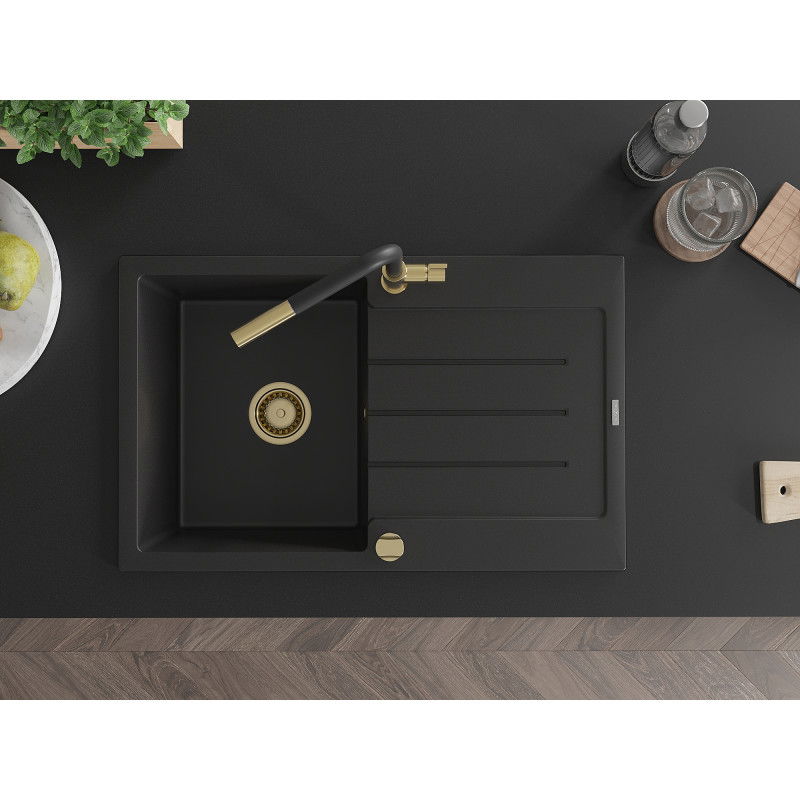 Mexen Bruno granito kriauklė su viena kamera ir nutekėjimo lentele bei Flora virtuviniu maišytuvu, juoda - 6513-77-670401-57-G