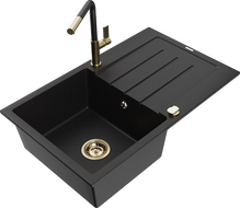 Mexen Bruno granito kriauklė su viena kamera ir nutekėjimo lentele bei Flora virtuviniu maišytuvu, juoda - 6513-77-670401-57-G