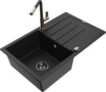 Mexen Bruno granito plautuvė 1 skyrelio su nusausintuvu ir virtuviniu maišytuvu Flora, juoda - 6513-77-670401-57-B