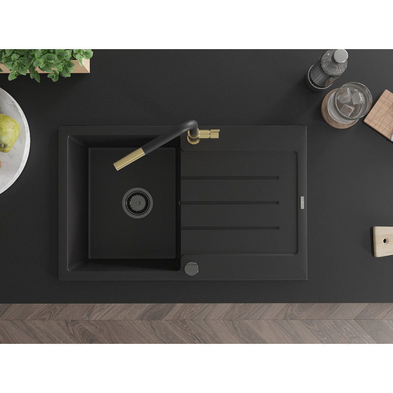 Mexen Bruno granito plautuvė 1 skyrelio su nusausintuvu ir virtuviniu maišytuvu Flora, juoda - 6513-77-670401-57-B