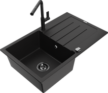 Mexen Bruno granito virtuvės kriauklė su viena kamera, lašėjimo zona ir Flora virtuviniu maišytuvu, juoda - 6513-77-670401-70-B