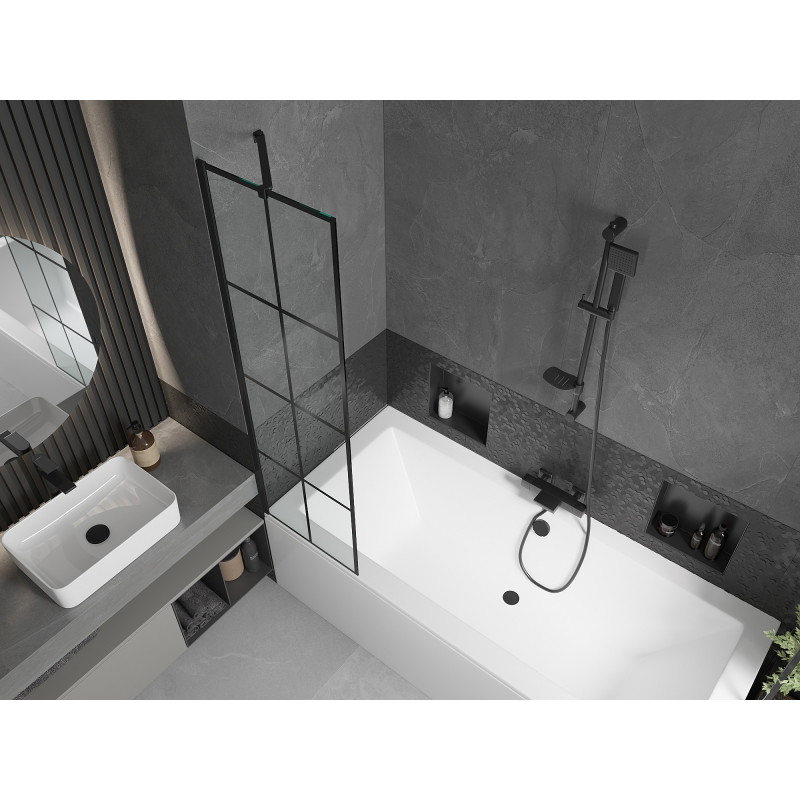 Mexen Cube stačiakampė vonia 170 x 80 cm su apdaila ir vienos dalies širma 50 cm, juodas raštas - 550517080X9505007077