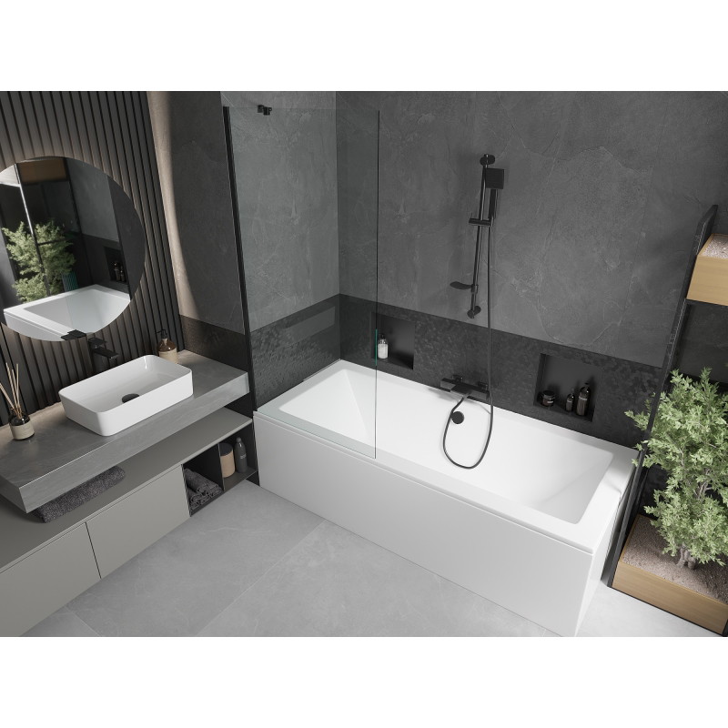 Mexen Cube stačiakampė vonia 170 x 80 cm su apdaila ir 1-durų užtvaru 80 cm, permatoma, juoda - 550517080X9508000070