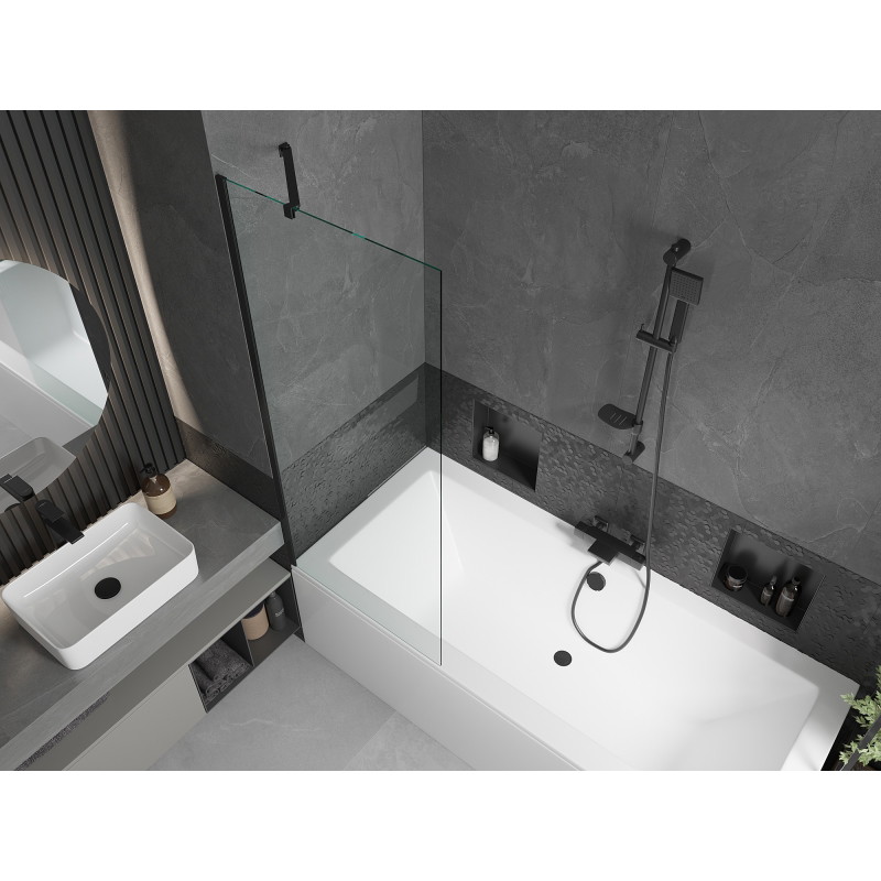 Mexen Cube stačiakampė vonia 180 x 80 cm su dangčiu ir vieno sparno 70 cm ekranu, skaidri, juoda - 550518080X9507000070