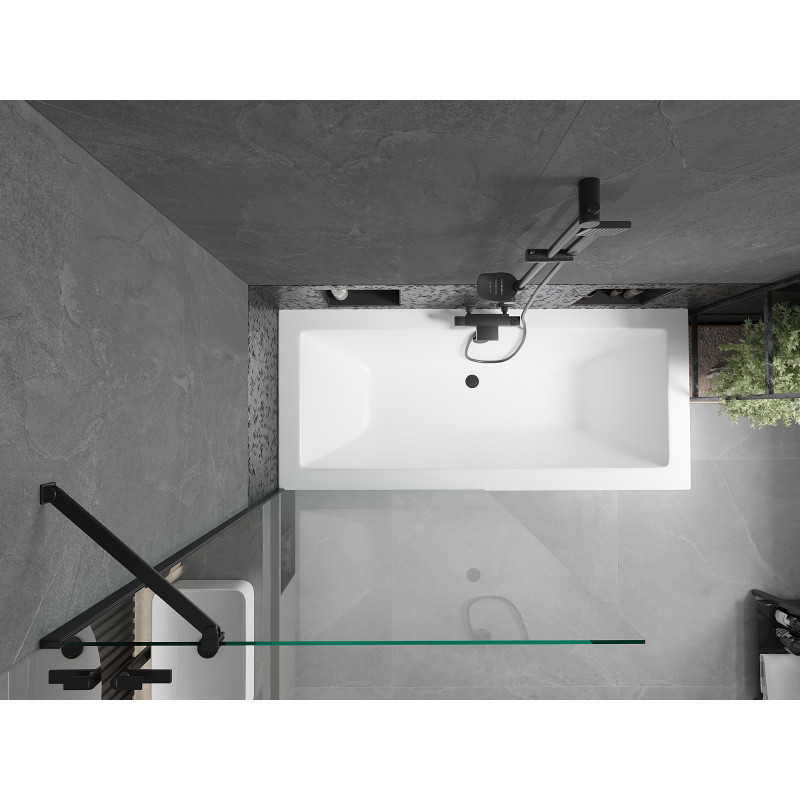 Mexen Cube stačiakampė vonia 180 x 80 cm su apdaila ir 1-duris pertvaru 90 cm, permatomas, juodas - 550518080X9509000070