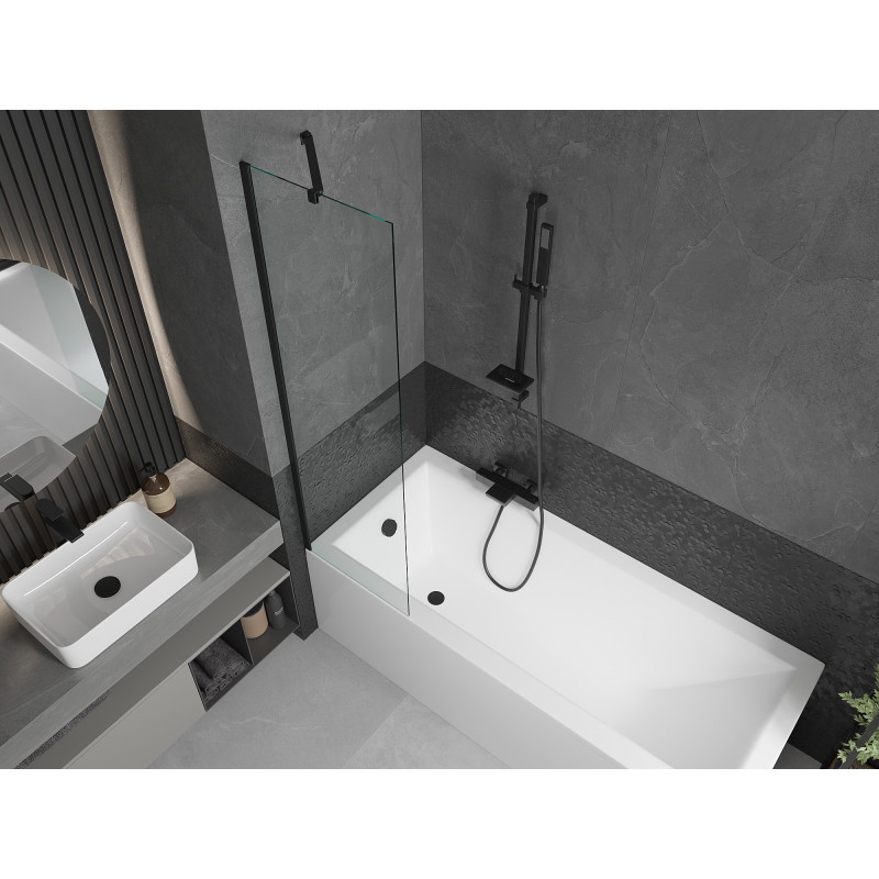 Mexen Cubik stačiakampė vonia 150 x 70 cm su apdaila ir vienos dalies ekranu 50 cm, permatoma, juoda - 550315070X9505000070