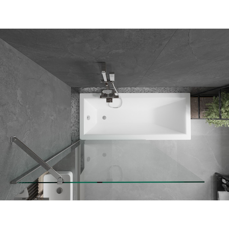 Mexen Cubik stačiakampė vonia 150 x 70 cm su apdaila ir vieno sparno 100 cm pertvara, skaidri, chromuota
