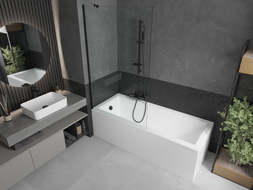 Mexen Cubik stačiakampė vonia 150 x 70 cm su apdaila ir vienos dalies 100 cm ekranu, permatoma, juoda - 550315070X9510000070