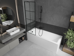 Mexen Cubik stačiakampė vonia 160 x 70 cm su apdaila ir vienasparne pertvara 60 cm, juodas raštas - 550316070X9506007077
