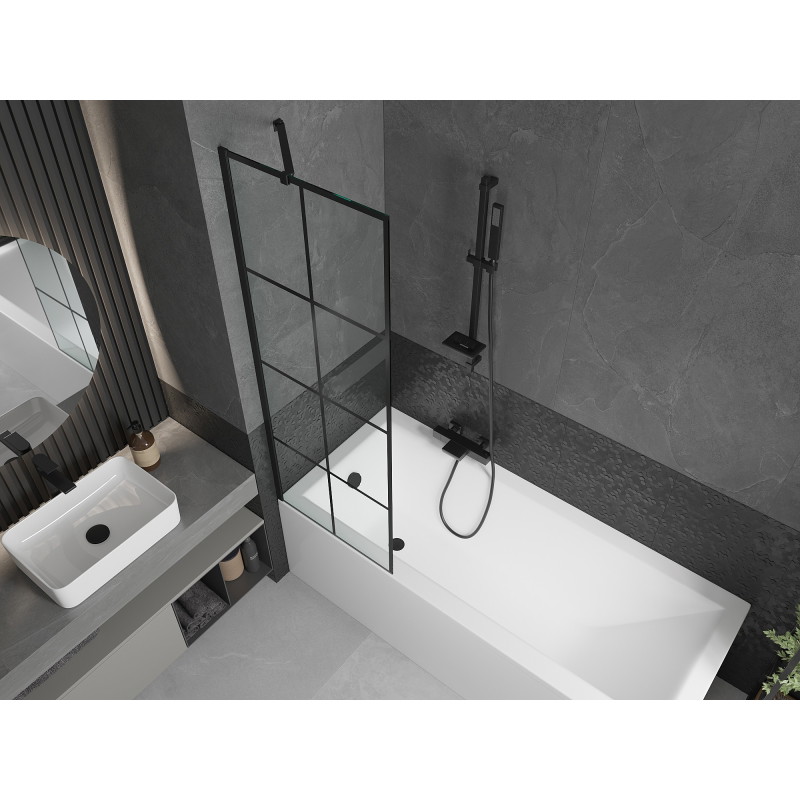 Mexen Cubik stačiakampė vonia 170 x 70 cm su apdaila ir 1-durų 60 cm užuolaida, juodas raštas - 550317070X9506007077