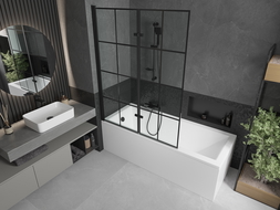 Mexen Cubik stačiakampė vonia 150 x 70 cm su apdaila ir 2-dangų 120 cm širma, juodas raštas - 550315070X9212027077