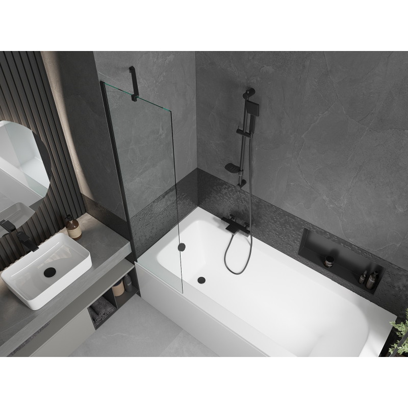 Mexen Vega stačiakampė vonia 150 x 70 cm su apdaila ir vienos dalies 50 cm pertvara, permatoma, juoda - 550115070X9505000070