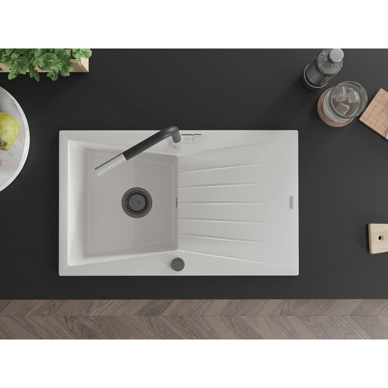 Mexen Cesar granitinė vienos plautuvės kriauklė su džiovykla ir Flora maišytuvu, balta - 6514-20-670401-07-B