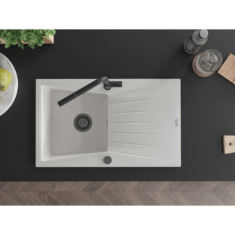 Mexen Cesar vienos dalies granitinė plautuvė su nutekamu ir virtuviniu maišytuvu Flora, balta - 6514-20-670401-70-B