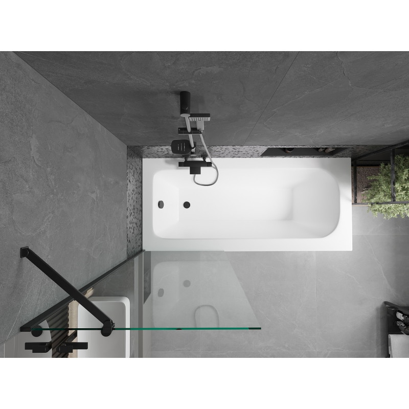 Mexen Vega stačiakampė vonia 160 x 70 cm su apdaila ir vieno sparno užuolaida 70 cm, skaidri, juoda - 550116070X9507000070