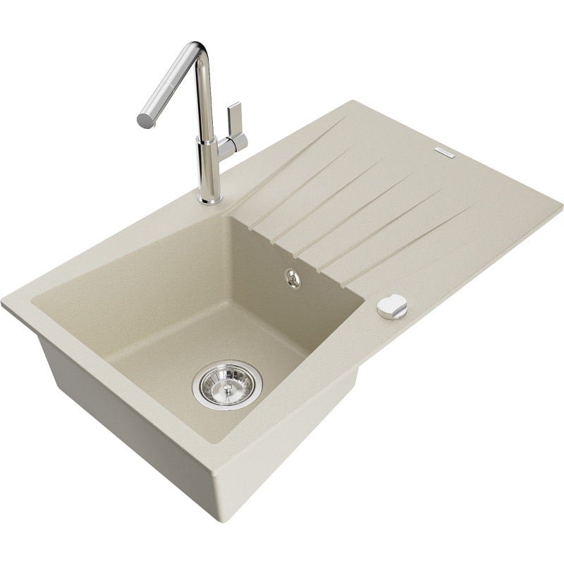 Mexen Cesar granitinė vienos dalies plautuvė su nusausinimo plokšte ir Flora virtuviniu čiaupu, smėline spalva