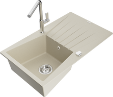 Mexen Cesar granitinė vienos dalies plautuvė su nusausinimo plokšte ir Flora virtuviniu čiaupu, smėline spalva