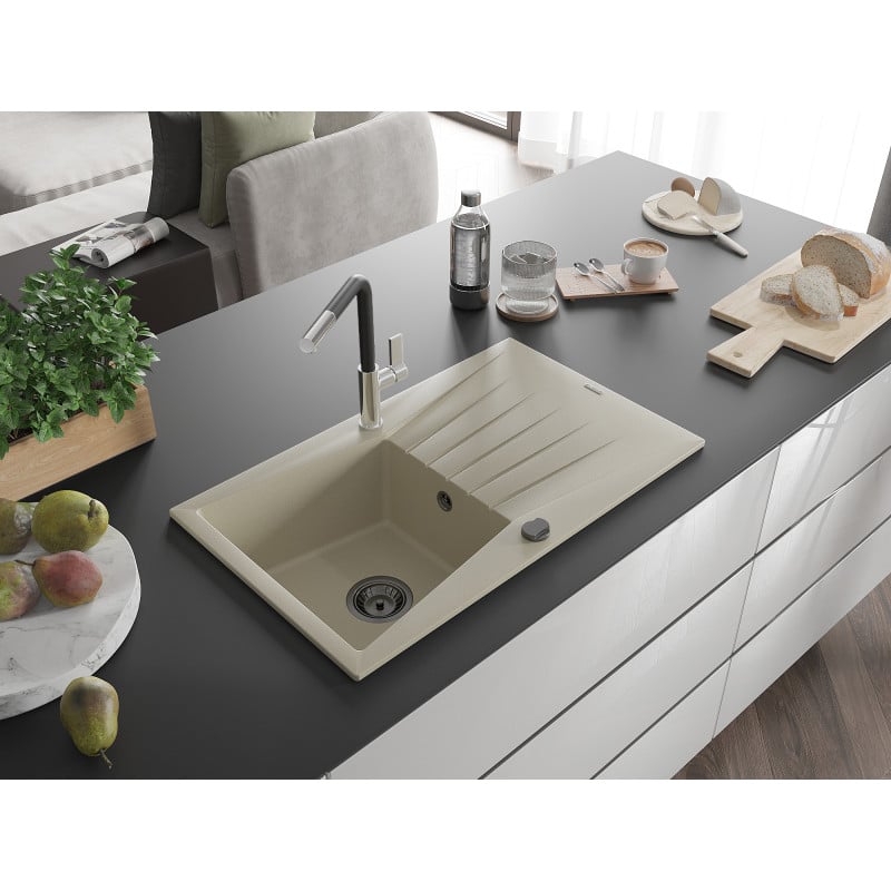 Mexen Cesar granitinė vienos kameros kriauklė su nutekėjimu ir virtuvės maišytuvu Flora, smėlio spalvos