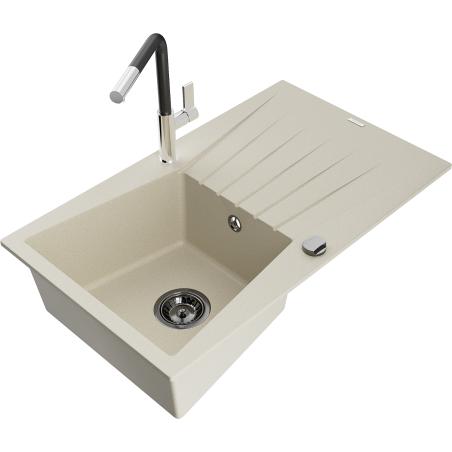 Mexen Cesar granitinė vienos kameros kriauklė su nutekėjimu ir virtuvės maišytuvu Flora, smėlio spalvos