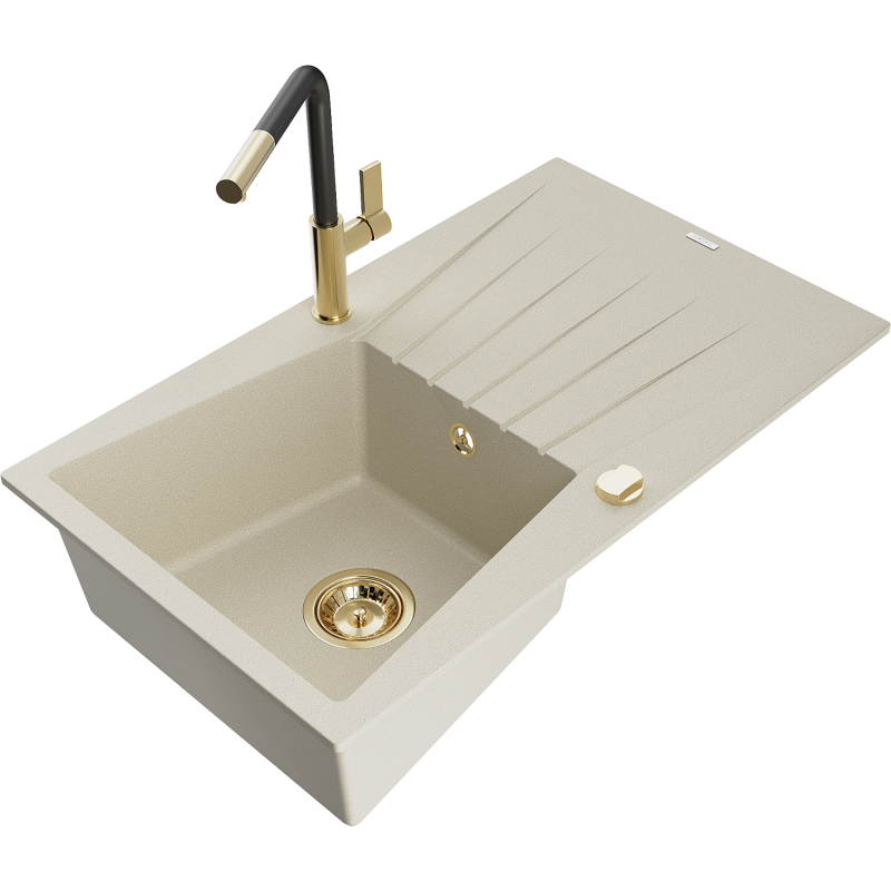 Mexen Cesar Granitinė vienos kameros kriauklė su nutekėjimu ir virtuviniu maišytuvu Flora, smėlio spalvos