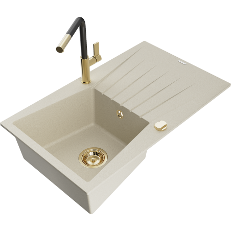 Mexen Cesar Granitinė vienos kameros kriauklė su nutekėjimu ir virtuviniu maišytuvu Flora, smėlio spalvos