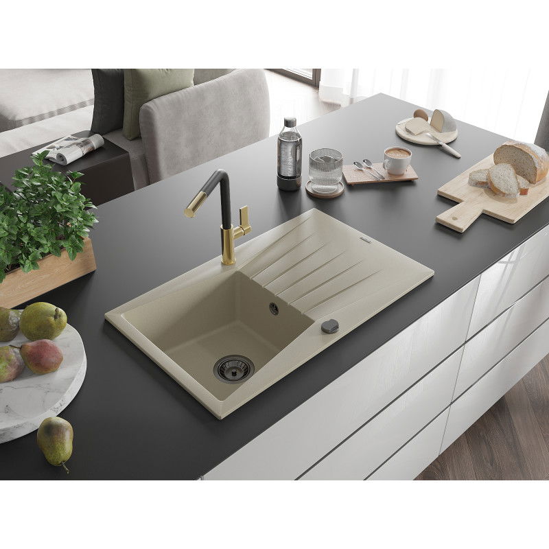 Mexen Cesar vienos dubens granito plautuvė su nusausinimo lenta ir Flora maišytuvu, smėlio spalvos - 6514-69-670401-57-B