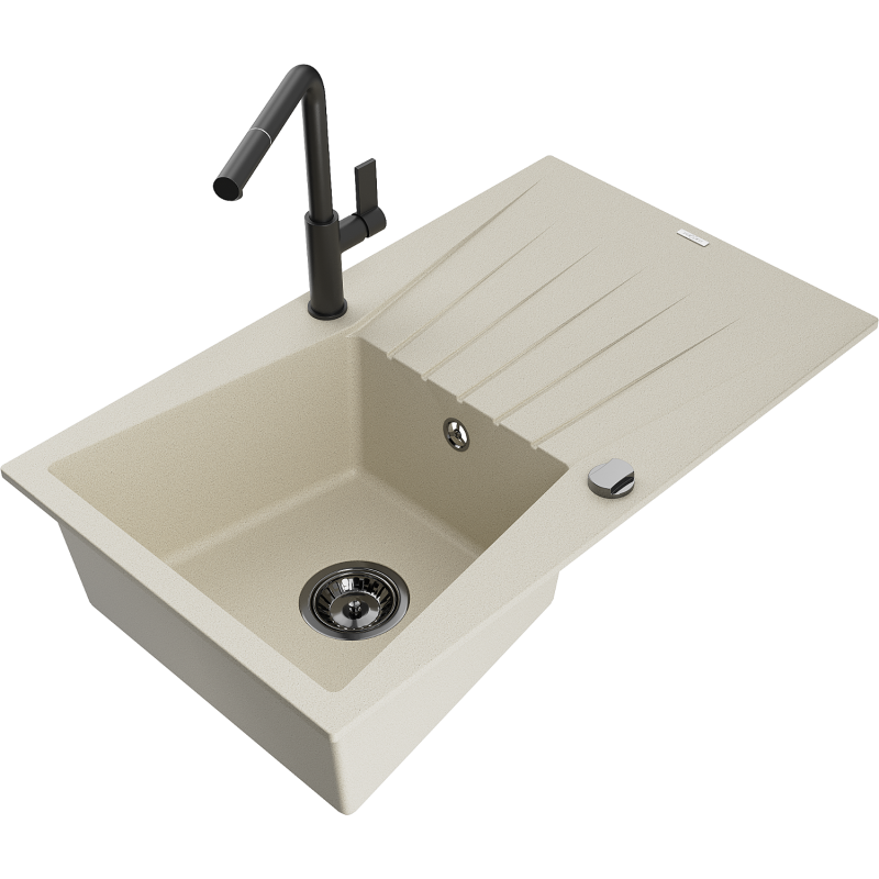 Mexen Cesar vienos kameros granitinė plautuvė su nusausintuvu ir Flora virtuviniu maišytuvu, smėlio spalvos