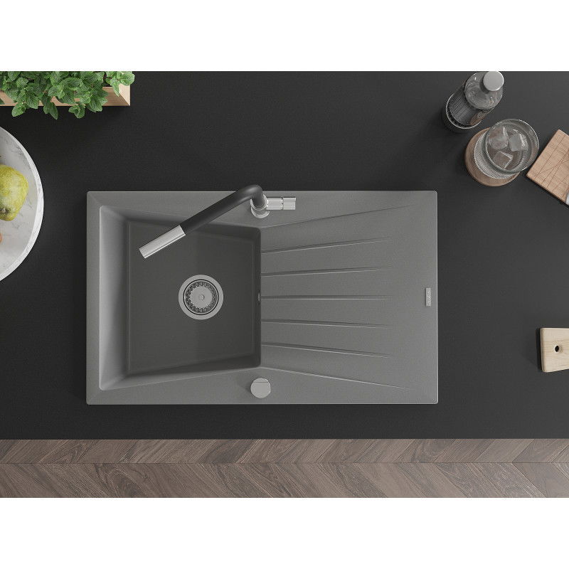 Mexen Cesar granito kriauklė su vienu dubeniu ir nusausintuvu bei virtuviniu maišytuvu Flora, pilka - 6514-71-670401-07