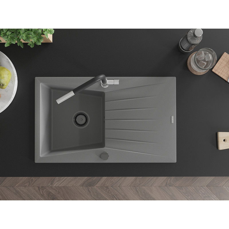 Mexen Cesar granito kriauklė su viena dubeniu su nutekėjimu ir Flora virtuvės maišytuvu, pilka - 6514-71-670401-07-B
