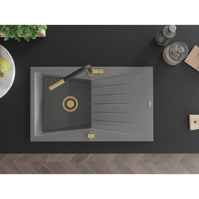 Mexen Cesar granito plautuvė su viena kamera ir nusausinimo lentyna bei virtuviniu maišytuvu Flora, pilka - 6514-71-670401-57-G